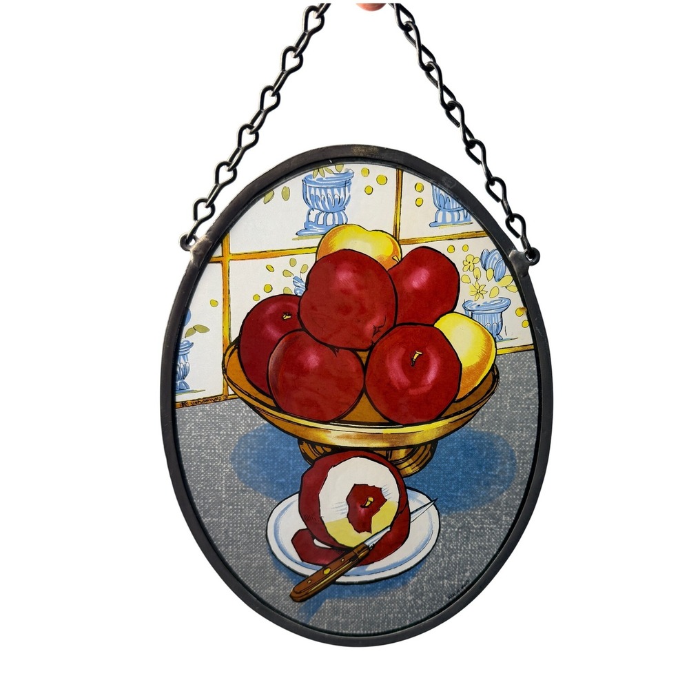 Vintage Style Oval Glass Suncatcher Apples Fruit Still Life Hanging Wall Art 9x7
